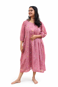 Mauve Floral Embroidered Mul Cotton Feeding Kurti With Two Side Invisible Zip | Free Size | 44" length