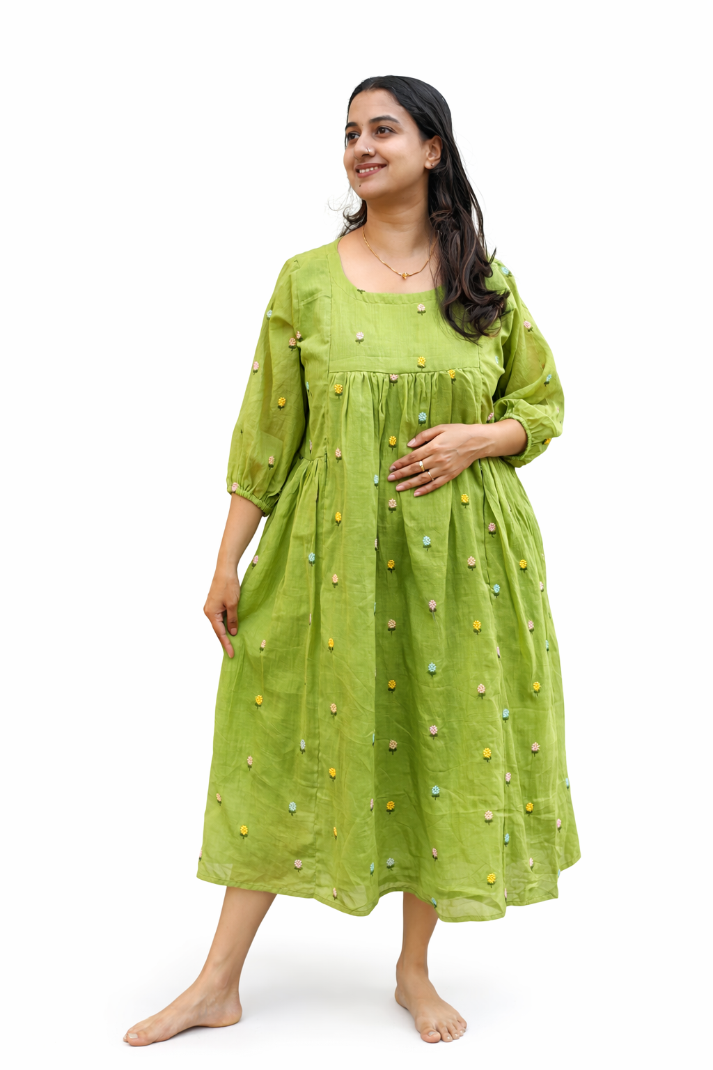 Green Floral Embroidered Mul Cotton Feeding Kurti With Two Side Invisible Zip | Free Size | 44" length