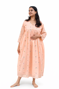 Orange Floral Embroidered Mul Cotton Feeding Kurti With Organza Lace And Single Centre Invisible Zip | Free Size | 44" length