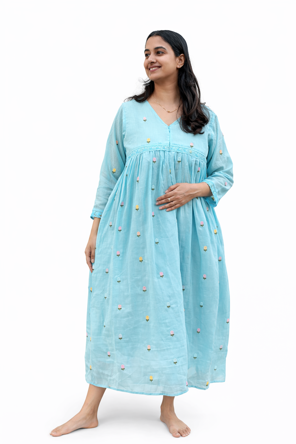 Blue Floral Embroidered Mul Cotton Feeding Kurti With Organza Lace And Single Centre Invisible Zip | Free Size | 44" length
