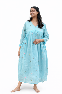 Blue Floral Embroidered Mul Cotton Feeding Kurti With Organza Lace And Single Centre Invisible Zip | Free Size | 44" length