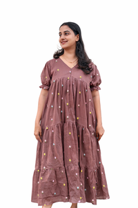 Brown Floral Embroidered Mul Cotton Flared Feeding Gown With Single Centre Invisible Zip | Free Size | 46" length