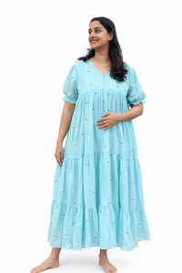 Blue Floral Embroidered Mul Cotton Flared Feeding Gown With Single Centre Invisible Zip | Free Size | 46" length
