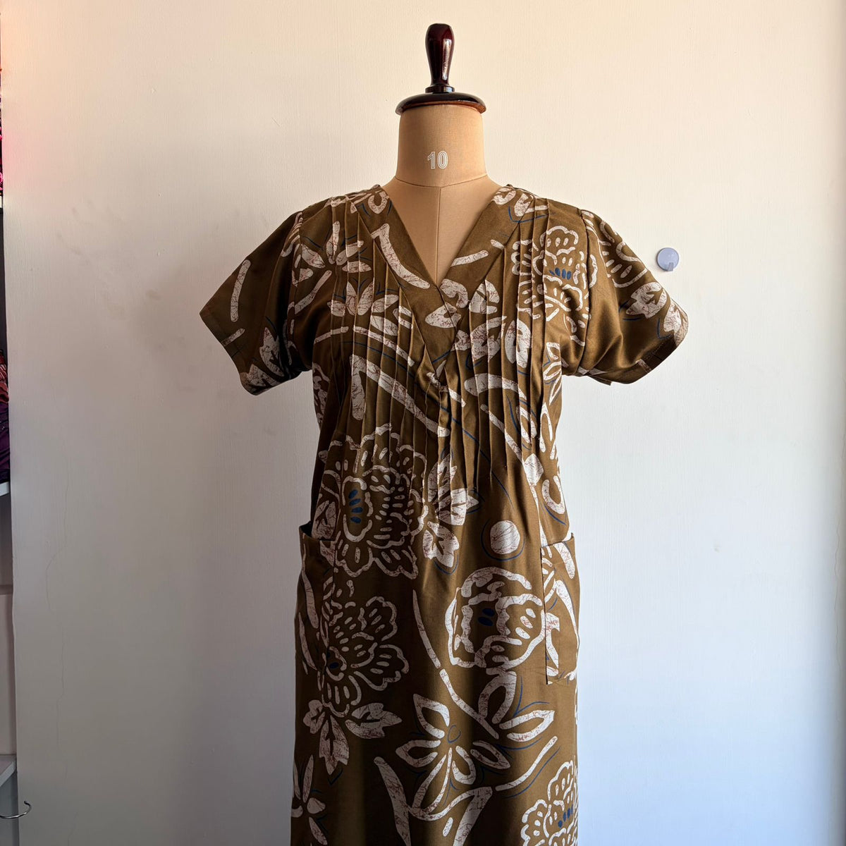 Olive Green Floral Printed Printed V-Neck Alfine 60 Inch Length Churidar Cut Nighty | Free Size | Chest Width 44″| Length 60″