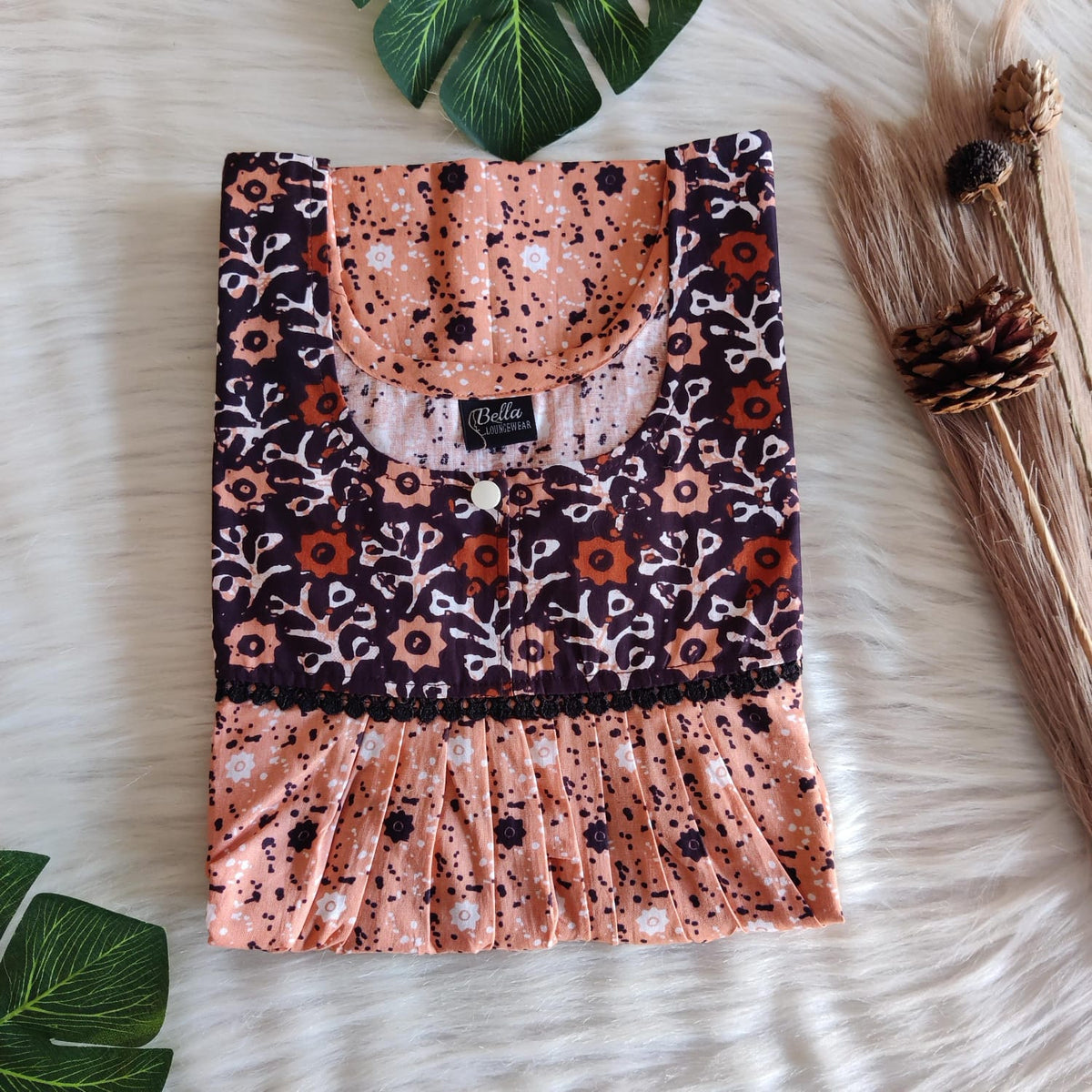 Brown And Pastel Orange Printed Premium Cotton Lace Nighty | Free Size | Chest Width 44″| Length 54″-56″