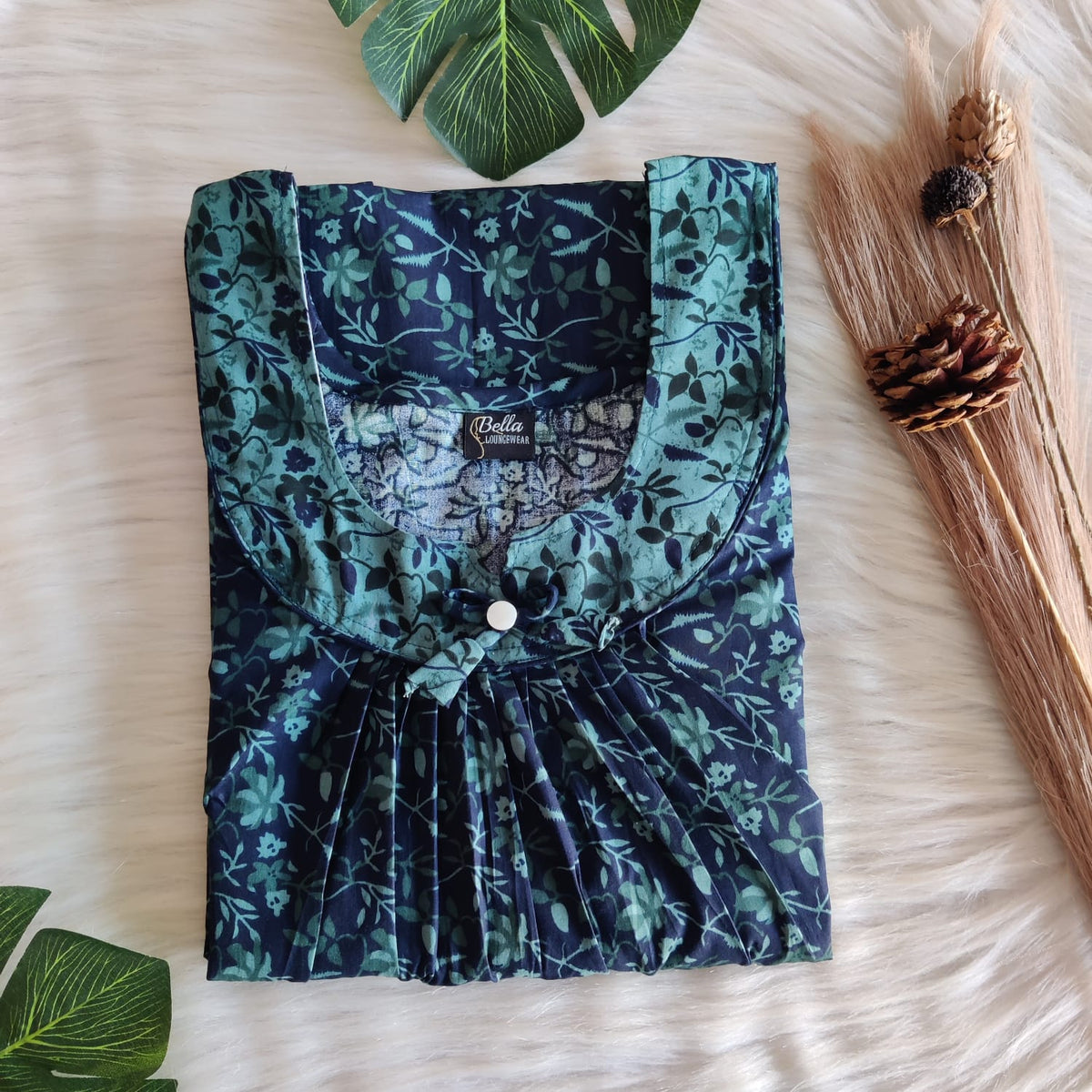Green And Navy-Blue Printed Premium Cotton No Zip Pleated Nighty | Free Size | Chest Width 44″| Length 55″-56″