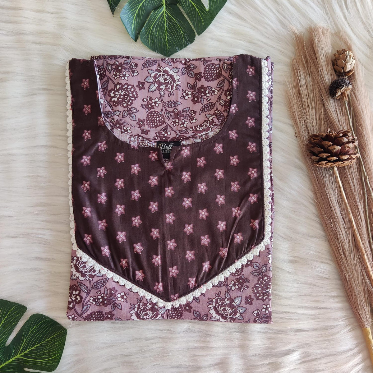 Dark And Pale Brown Floral Printed Premium Cotton Mix N Match Lace Pocket Nighty | Free Size | Chest Width 44″| Length 56″
