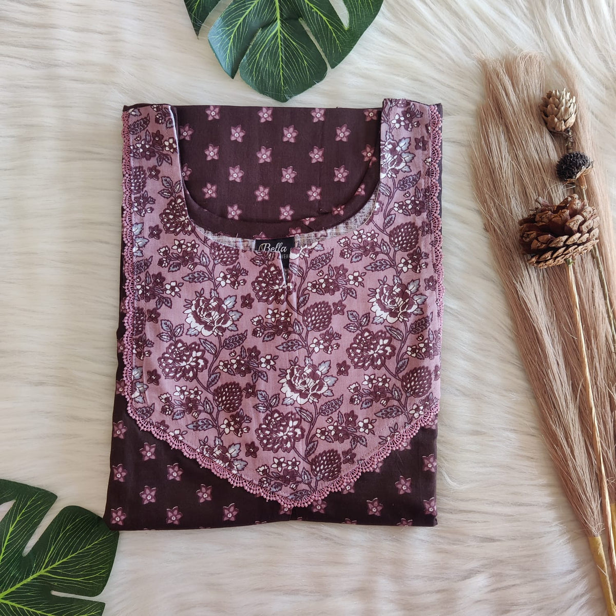 Pastel And Dark Brown Printed Premium Cotton Mix N Match Lace Pocket Nighty | Free Size | Chest Width 44″| Length 56″