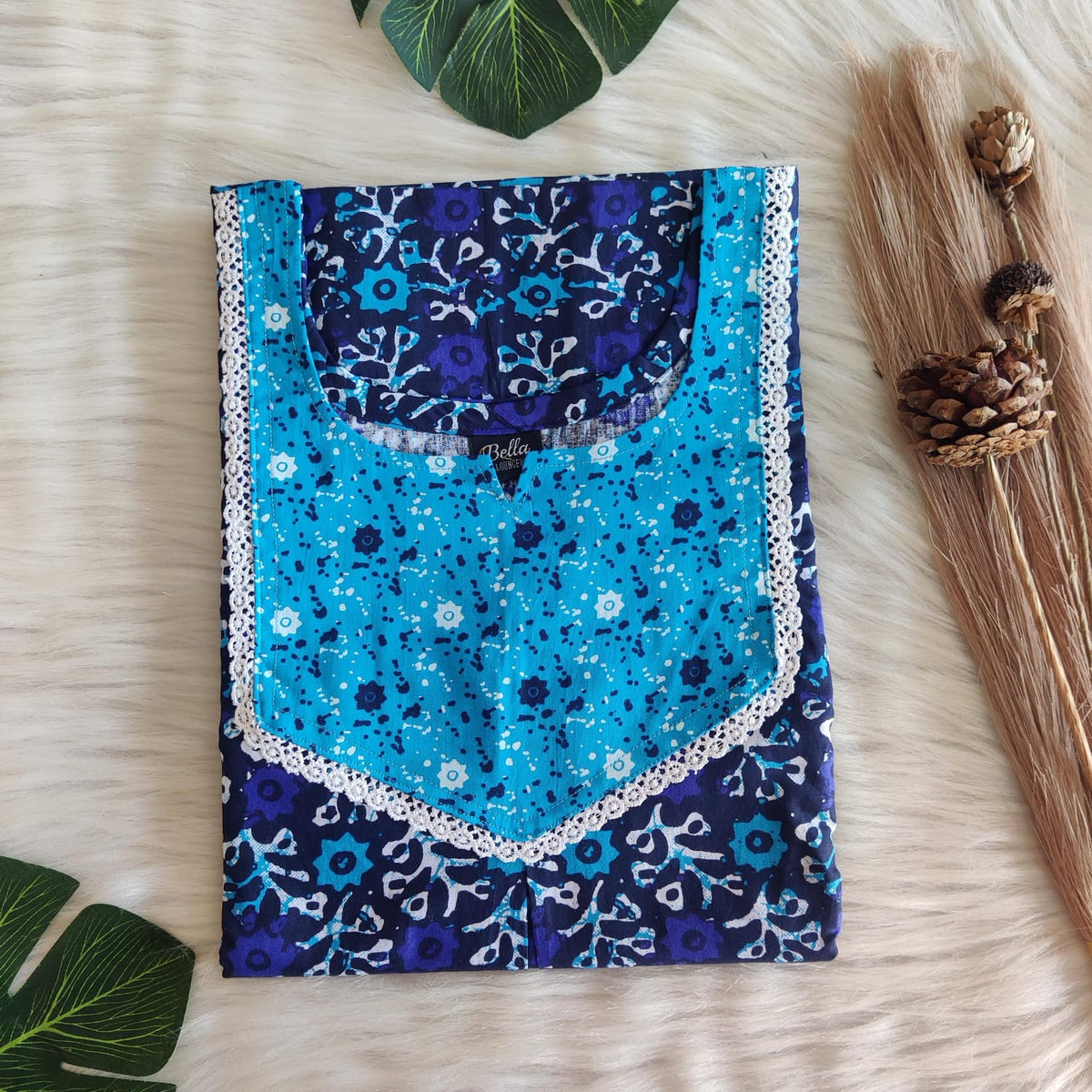 Pale And Dark Blue Printed Premium Cotton Mix N Match Lace Pocket Nighty | Free Size | Chest Width 44″| Length 56″