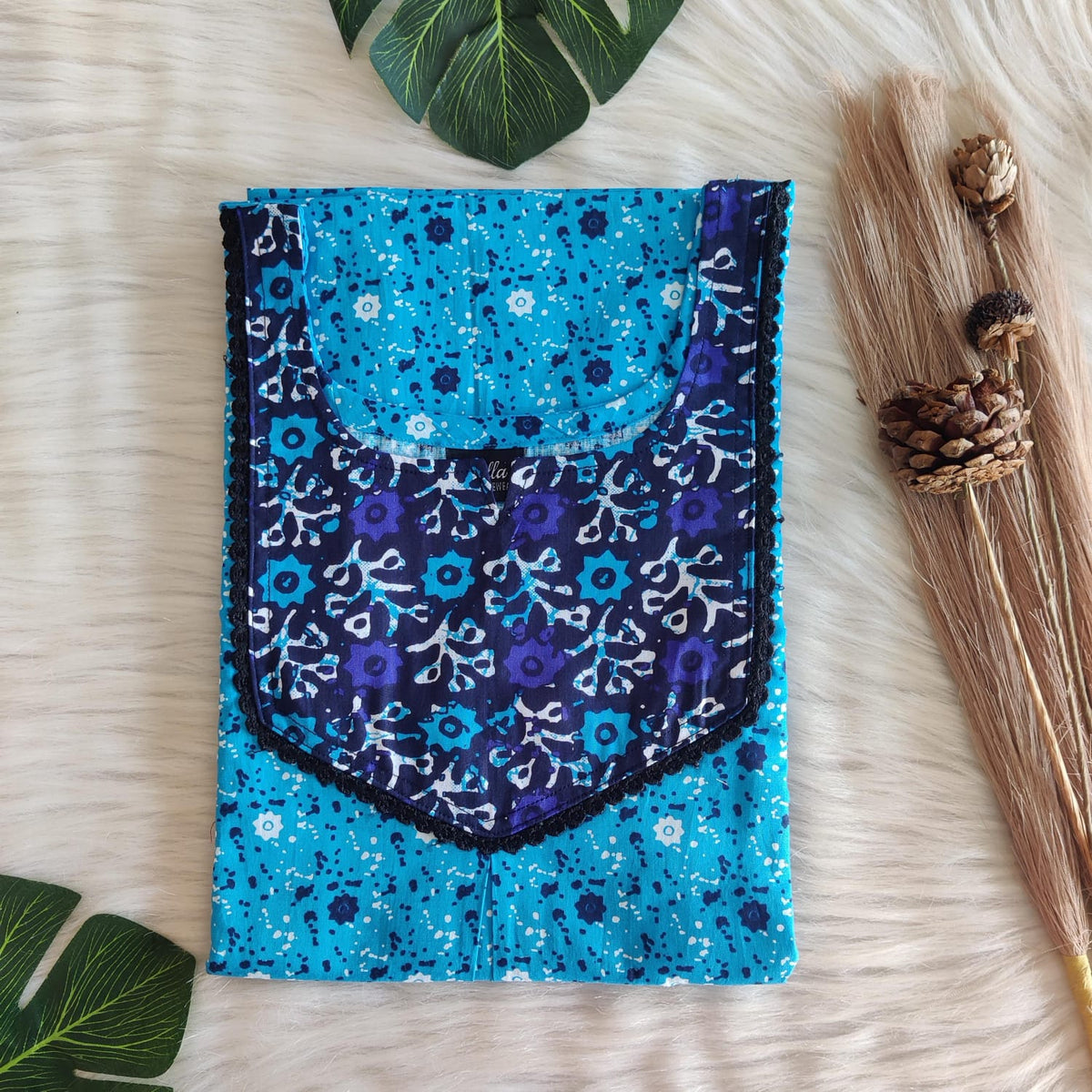 Dark And Pale Blue Printed Premium Cotton Mix N Match Lace Pocket Nighty | Free Size | Chest Width 44″| Length 56″