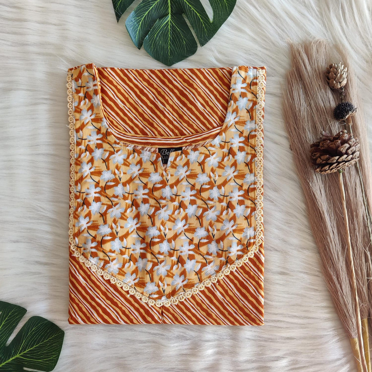 White And Orange Stripes Printed Premium Cotton Mix N Match Lace Pocket Nighty | Free Size | Chest Width 44″| Length 56″