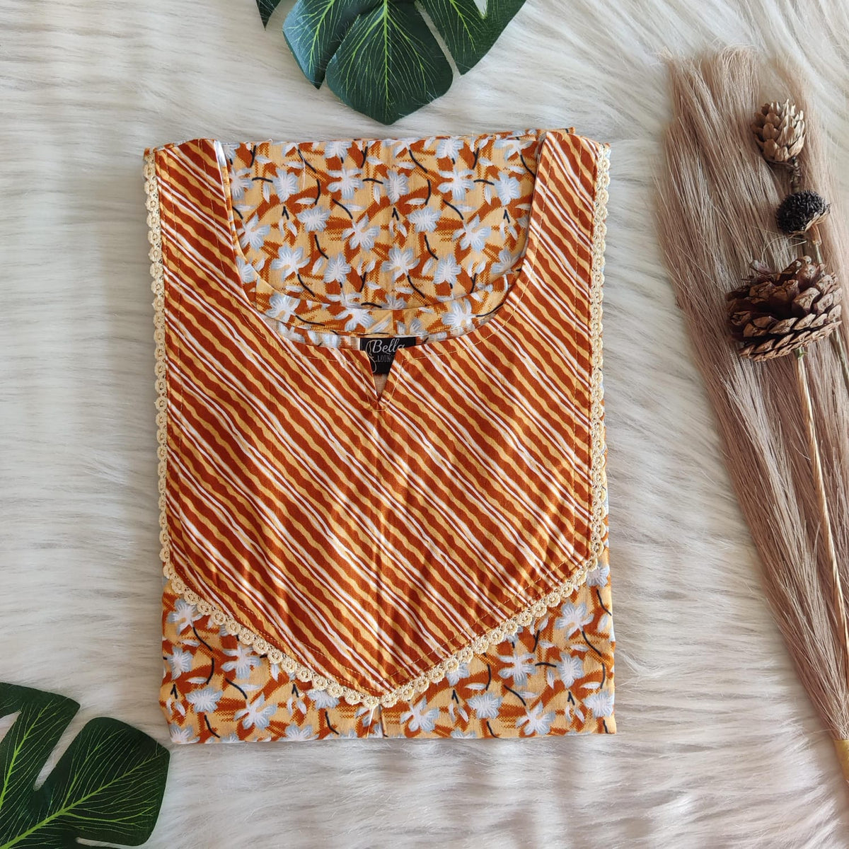 Orange And White Floral Printed Premium Cotton Mix N Match Lace Pocket Nighty | Free Size | Chest Width 44″| Length 56″