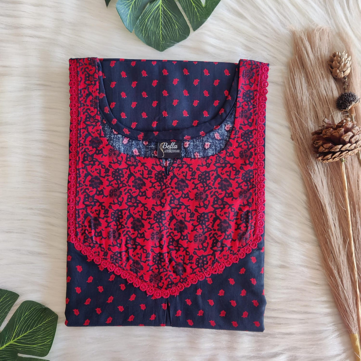 Red And Navy- Blue Printed Premium Cotton Mix N Match Lace Pocket Nighty | Free Size | Chest Width 44″| Length 56″