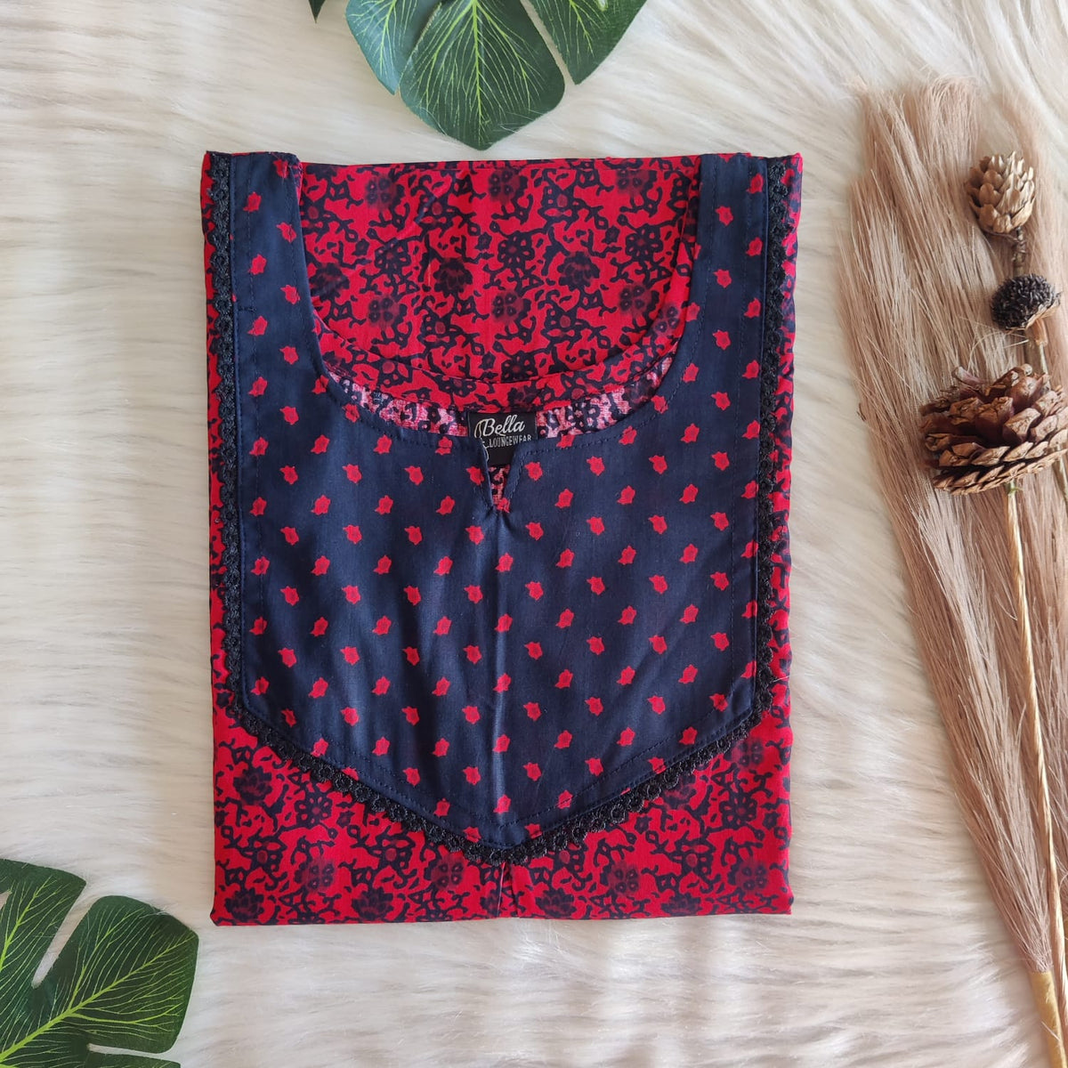 Navy-Blue And Red Printed Premium Cotton Mix N Match Lace Pocket Nighty | Free Size | Chest Width 44″| Length 56″