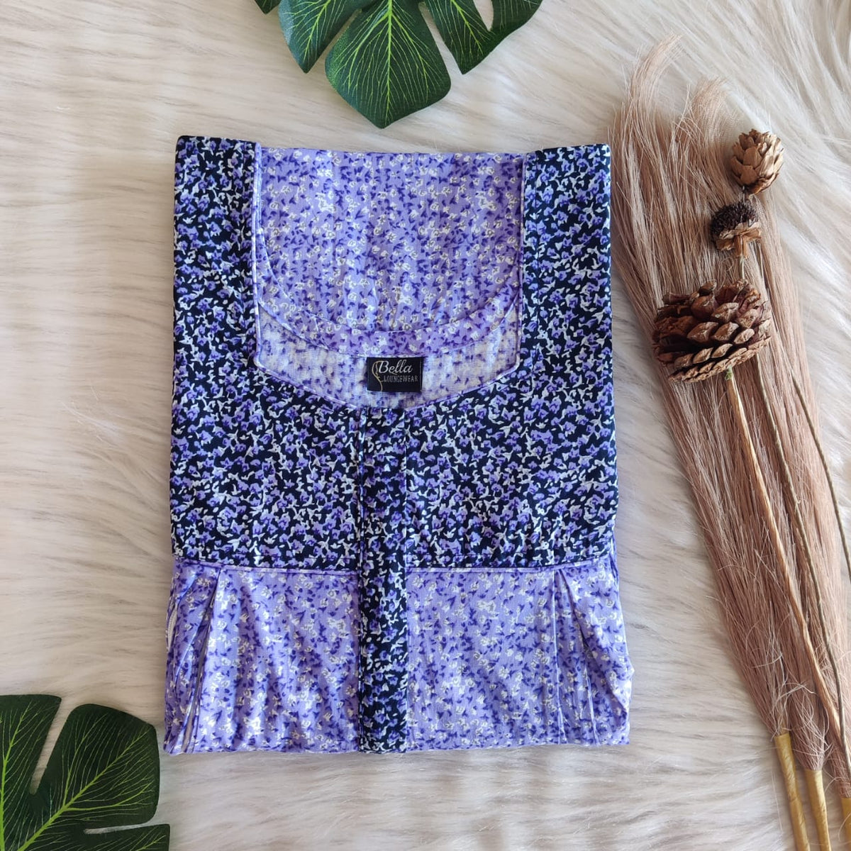 Black And Lavender Floral Printed Premium Cotton Pleated Vertical Zip Feeding Nighty | Free Size | Chest Width 44″| Length 54″-56″
