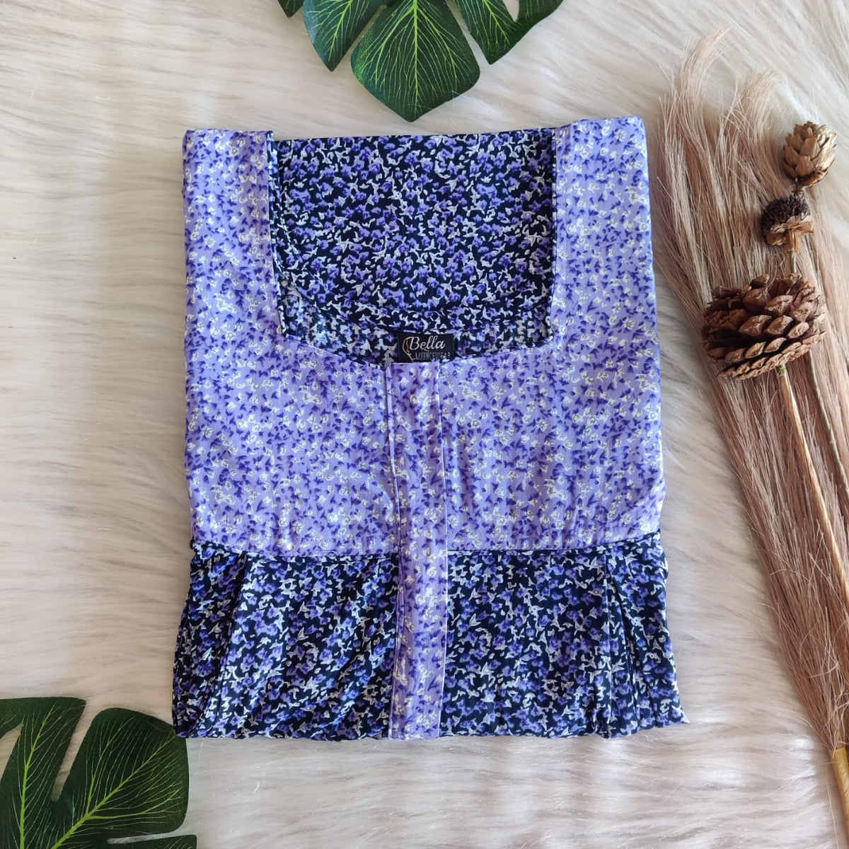 Lavender And Navy- Blue Floral Printed Premium Cotton Pleated Vertical Zip Feeding Nighty | Free Size | Chest Width 44″| Length 54″-56″