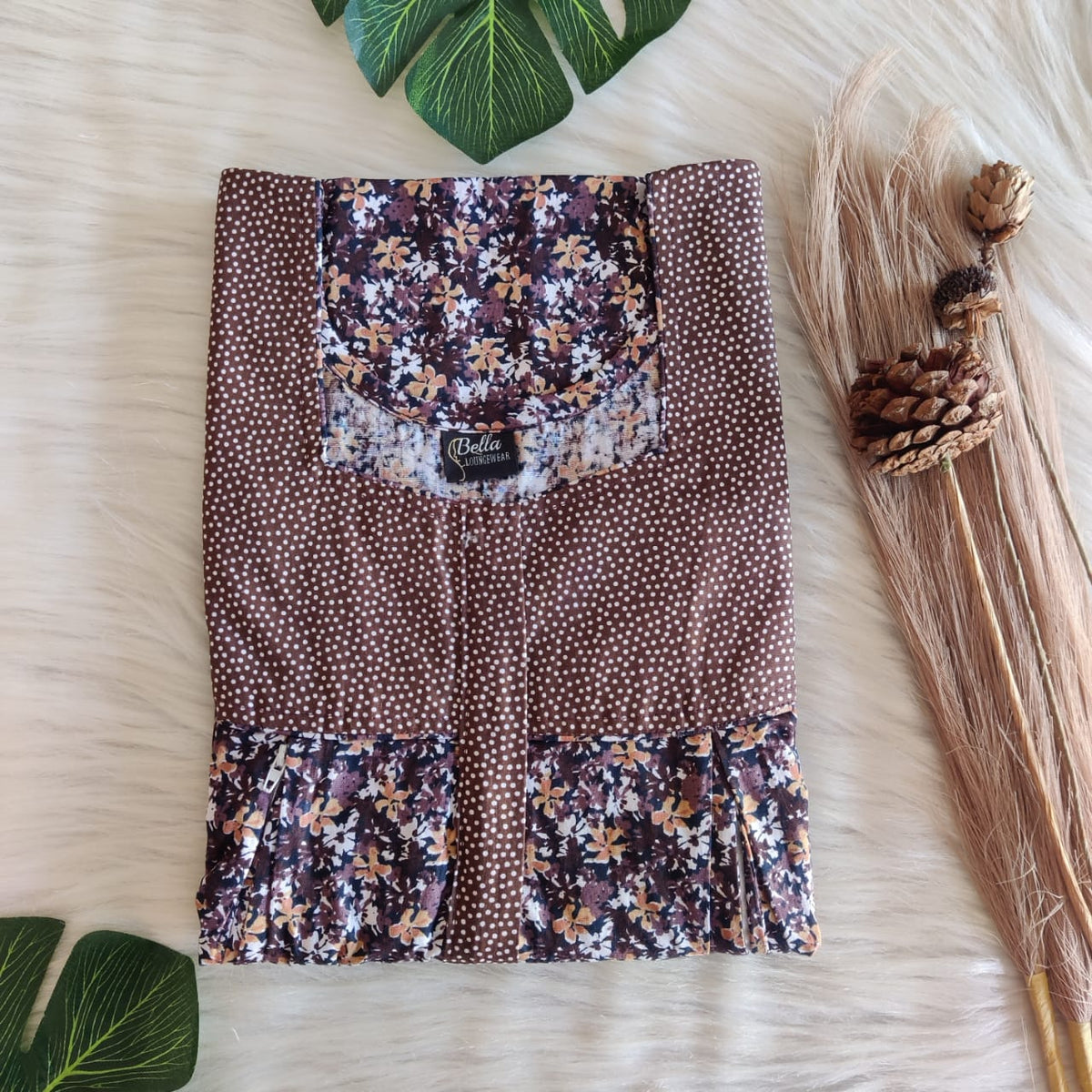 Pale And Dark Brown Floral  Printed Premium Cotton Pleated Vertical Zip Feeding Nighty | Free Size | Chest Width 44″| Length 54″-56″