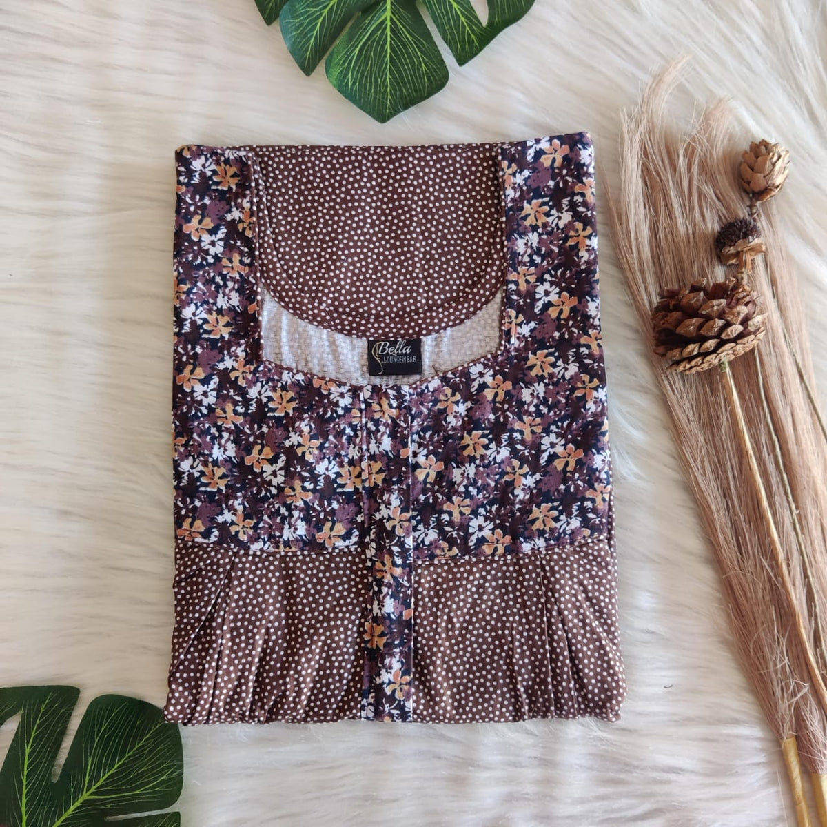 Dark And Pale Brown Dot Printed Premium Cotton Pleated Vertical Zip Feeding Nighty | Free Size | Chest Width 44″| Length 54″-56″