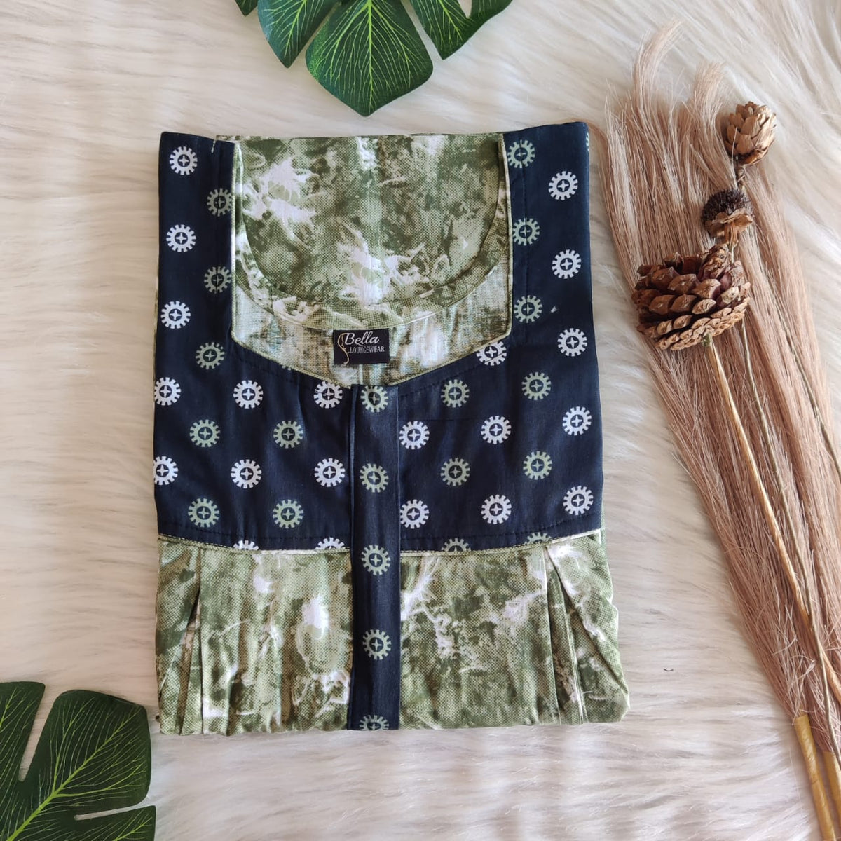Dark And Pastel Green Printed Premium Cotton Pleated Vertical Zip Feeding Nighty | Free Size | Chest Width 44″| Length 54″-56″