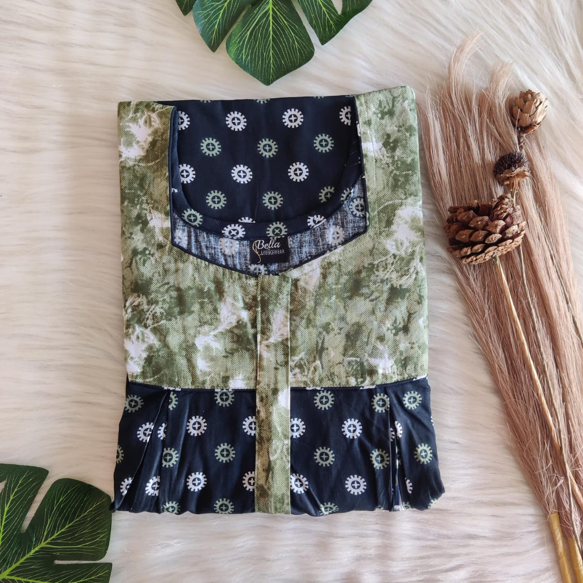 Pastel And Dark Green Printed Premium Cotton Pleated Vertical Zip Feeding Nighty | Free Size | Chest Width 44″| Length 54″-56″