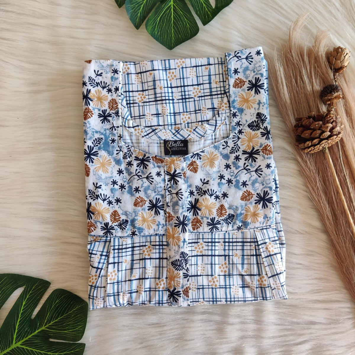 Blue And White Check Printed Premium Cotton Pleated Vertical Zip Feeding Nighty | Free Size | Chest Width 44″| Length 54″-56″