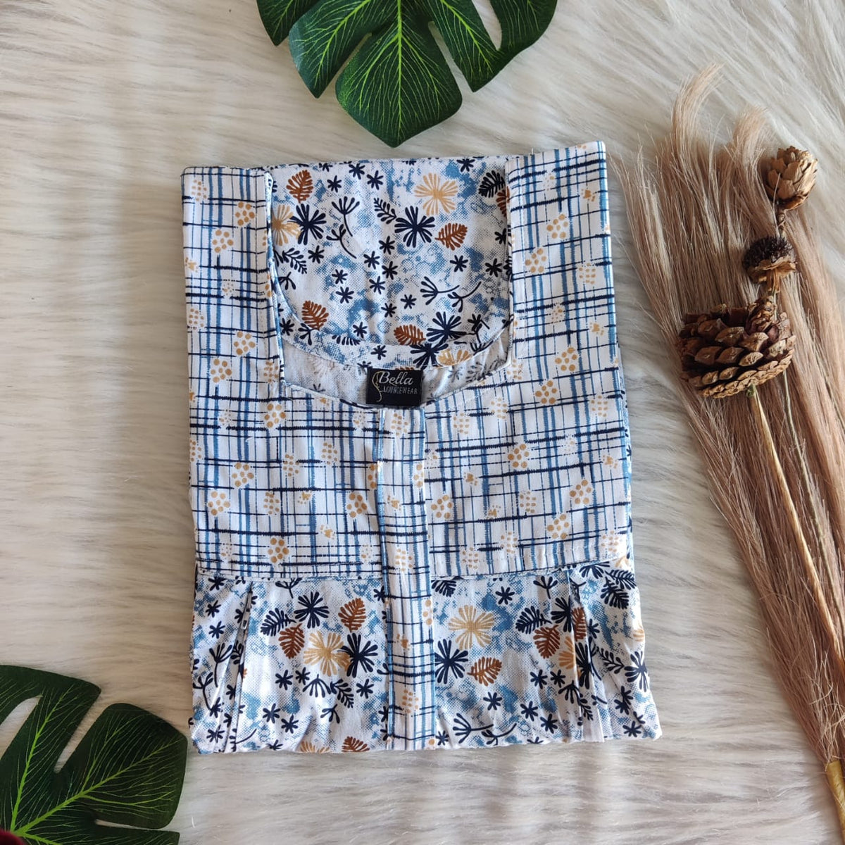 White And Blue Floral Printed Premium Cotton Pleated Vertical Zip Feeding Nighty | Free Size | Chest Width 44″| Length 54″-56″