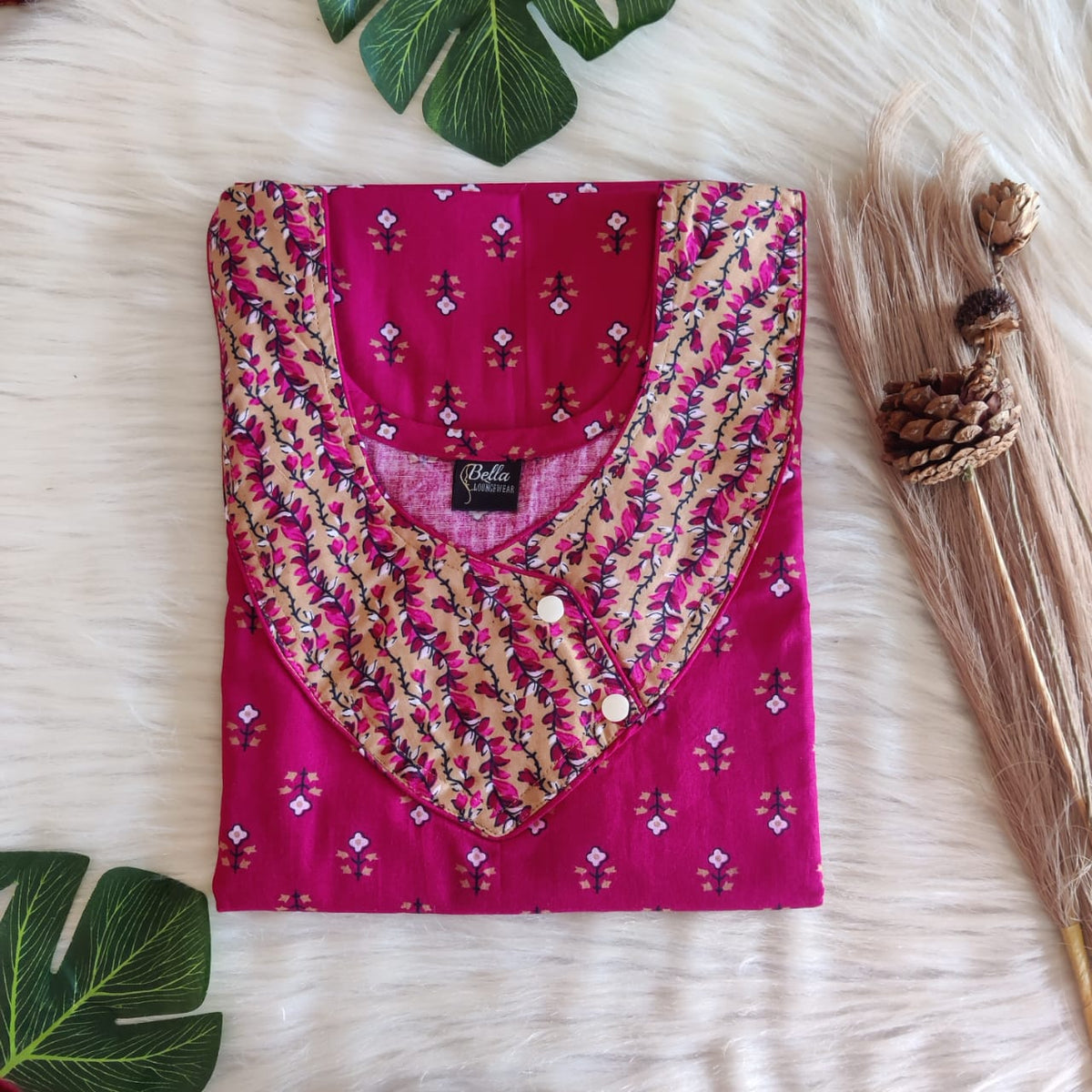 Cream And Pink Floral Printed Premium Cotton Side Button Nighty | Free Size | Chest Width 44″| Length 55″-56″