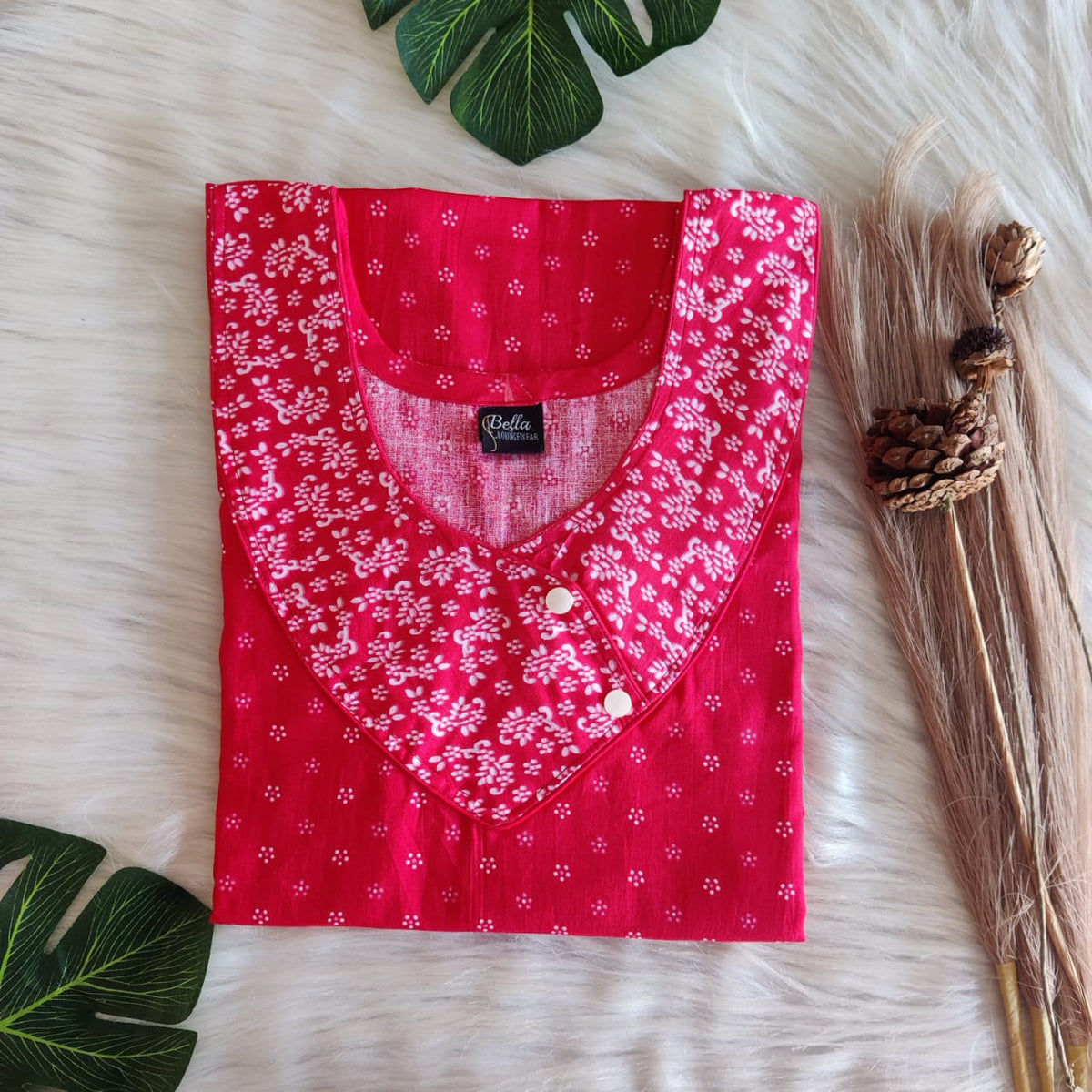 White And Red Printed Premium Cotton Side Button Nighty | Free Size | Chest Width 44″| Length 55″-56″