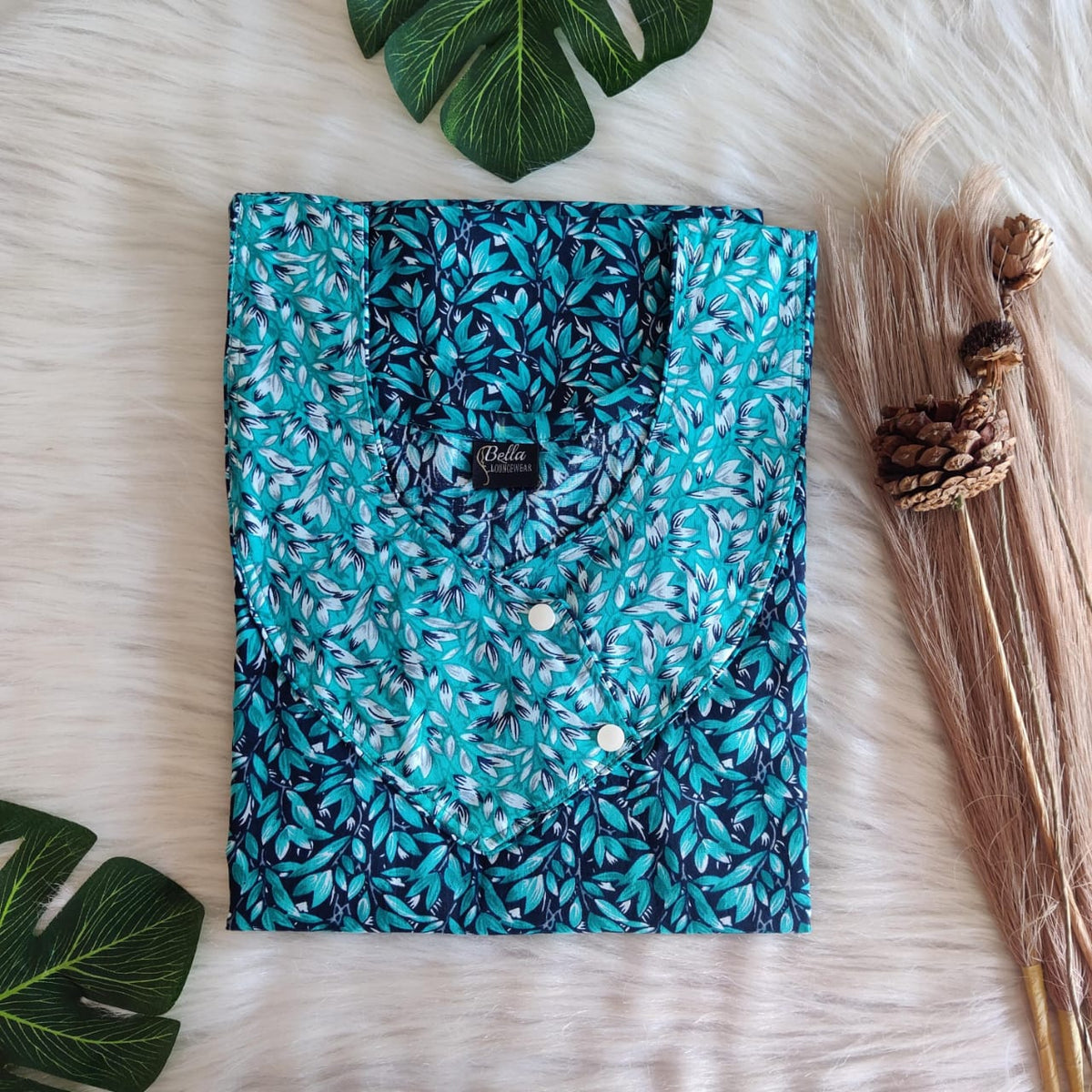 Aqua Green And Navy-Blue Printed Premium Cotton Side Button Nighty | Free Size | Chest Width 44″| Length 55″-56″