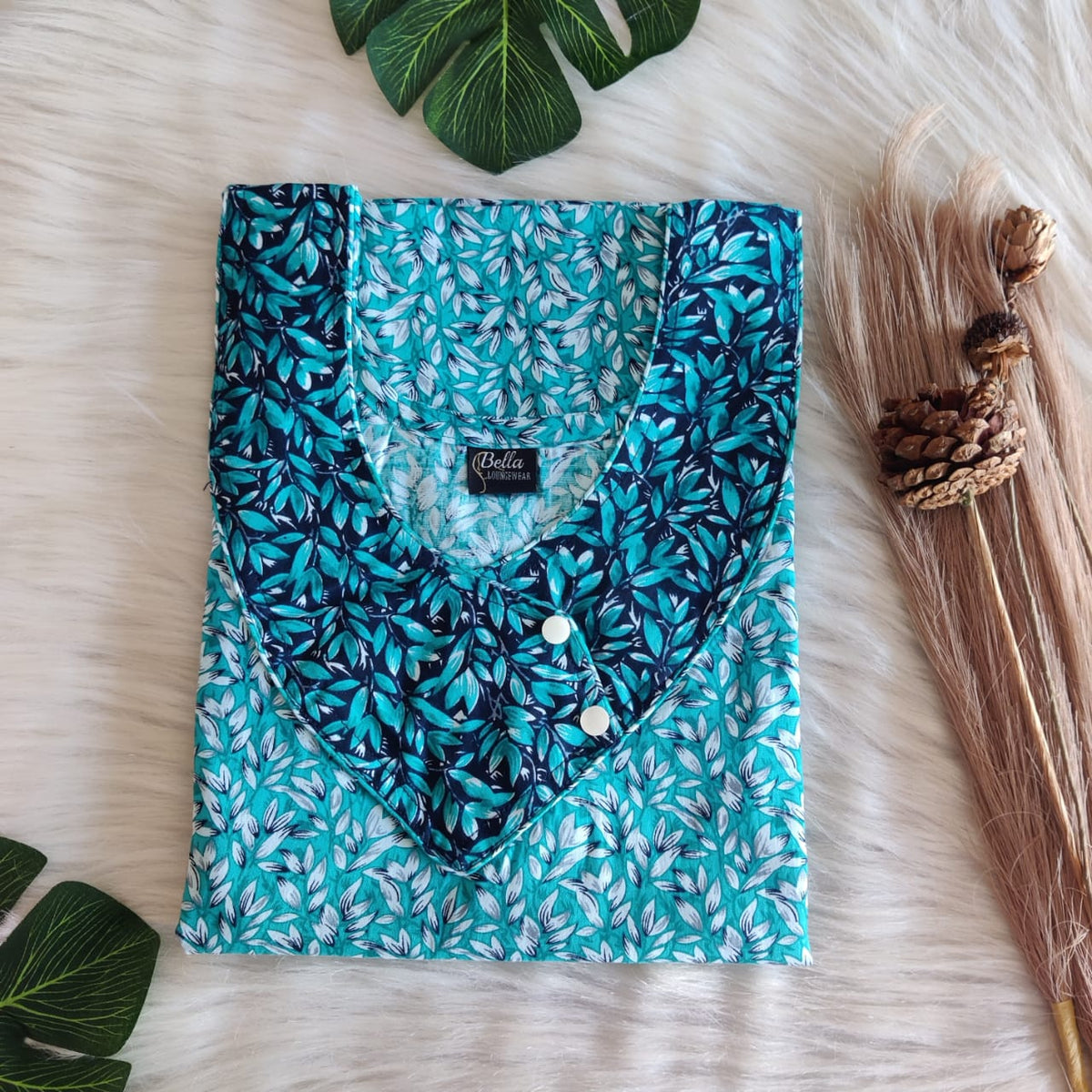 Navy-Blue And Aqua Green Printed Premium Cotton Side Button Nighty | Free Size | Chest Width 44″| Length 55″-56″