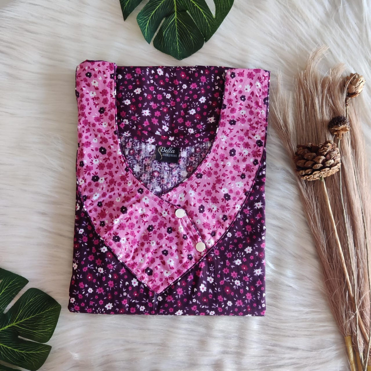 Pink And Wine Floral Printed Premium Cotton Side Button Nighty | Free Size | Chest Width 44″| Length 55″-56″