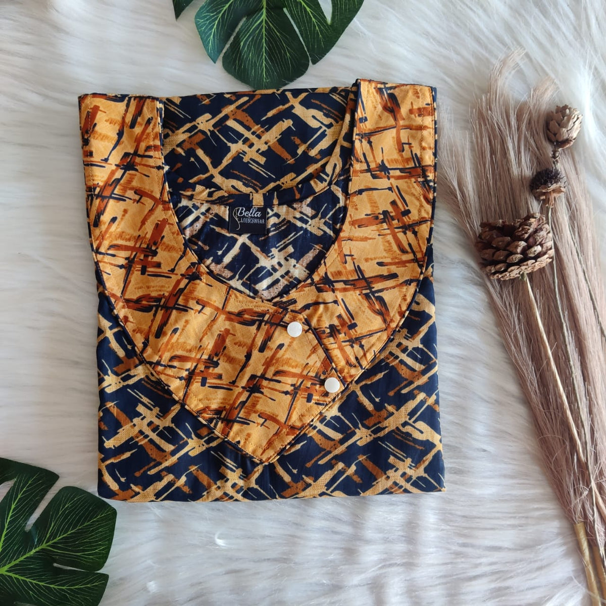 Orange And Black Printed Premium Cotton Side Button Nighty | Free Size | Chest Width 44″| Length 55″-56″