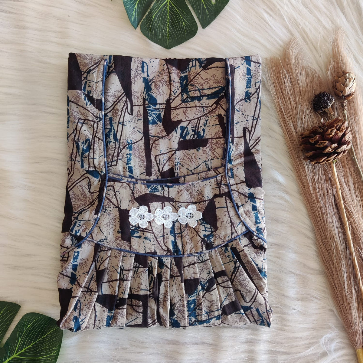 Beige And Blue Printed Premium Cotton Three Flower Nighty | Free Size | Chest Width 44"| Length 54"-55"