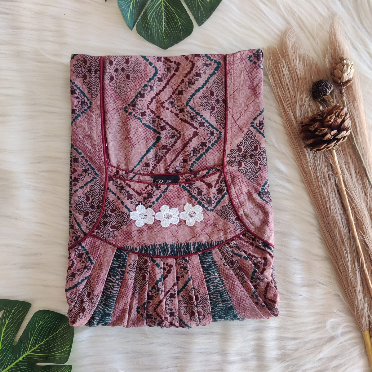 Mauve And Green Printed Premium Cotton Three Flower Nighty | Free Size | Chest Width 44"| Length 54"-55"