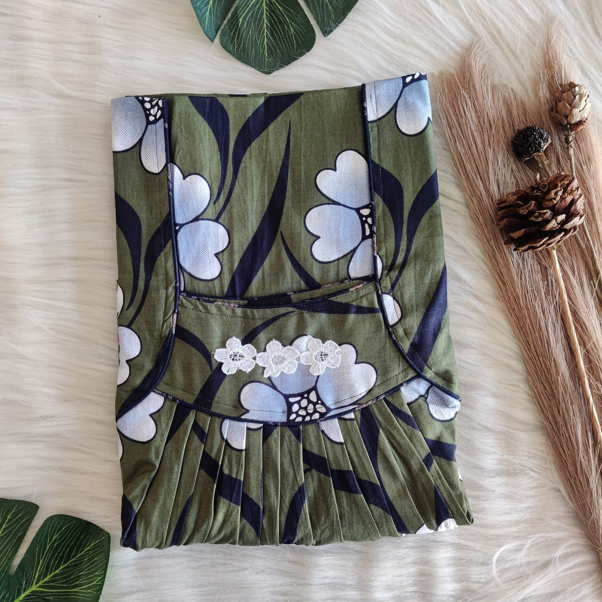 Green And White Floral Printed Premium Cotton Three Flower Nighty|Free Size|Chest Width 44"| Length 54"-55"