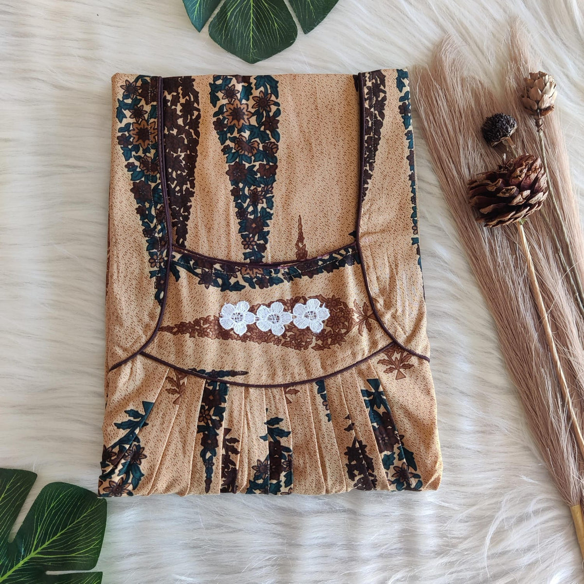 Cream And Brown Printed Premium Cotton Three Flower Nighty|Free Size|Chest Width 44"| Length 54"-55"