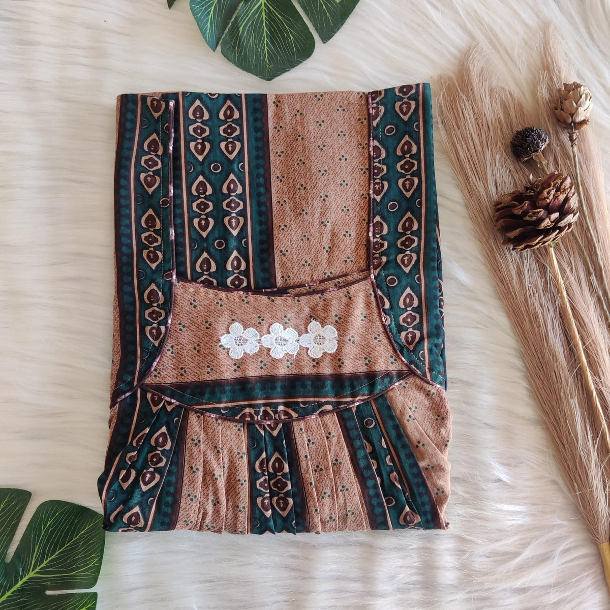 Pastel Brown And Green Printed Premium Cotton Three Flower Nighty |Free Size | Chest Width 44"| Length 54"-55"