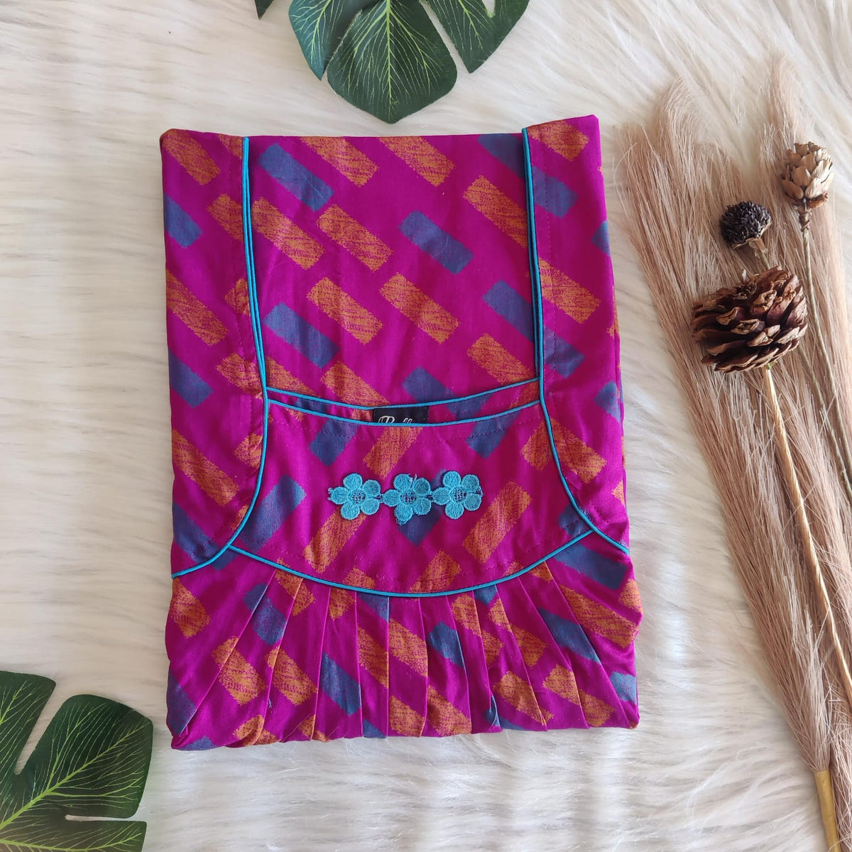 Pink And Blue Printed Discharge Cotton Three Flower Nighty |Free Size | Chest Width 44"| Length 54"-55"