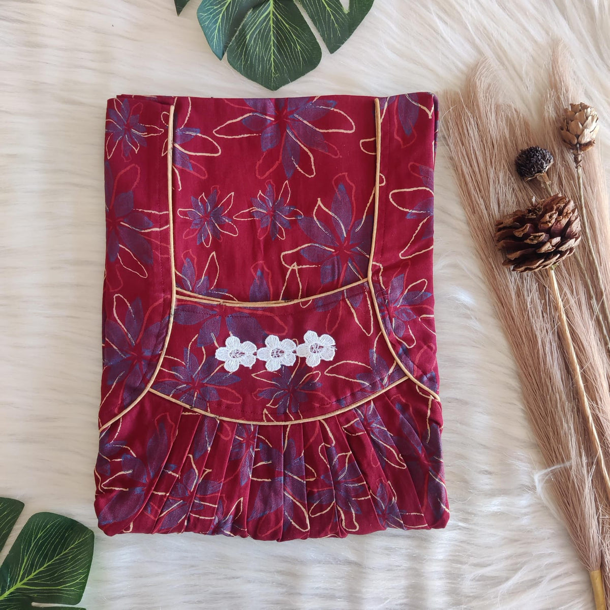 Maroon And Blue Floral Printed Discharge Cotton Three Flower Nighty |Free Size | Chest Width 44"| Length 54"-55"