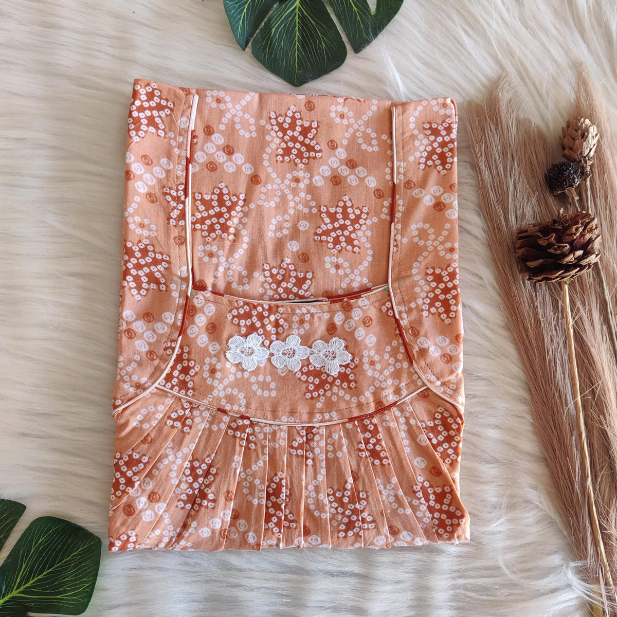 Pastel Orange Bandhani Printed Premium Cotton Three Flower Nighty |Free Size | Chest Width 44"| Length 54"-55"