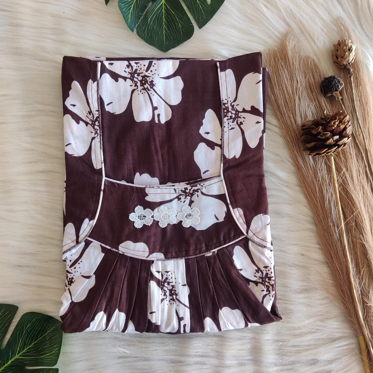 Coffee Brown And White Floral Printed Premium Cotton Three Flower Nighty |Free Size | Chest Width 44"| Length 54"-55"