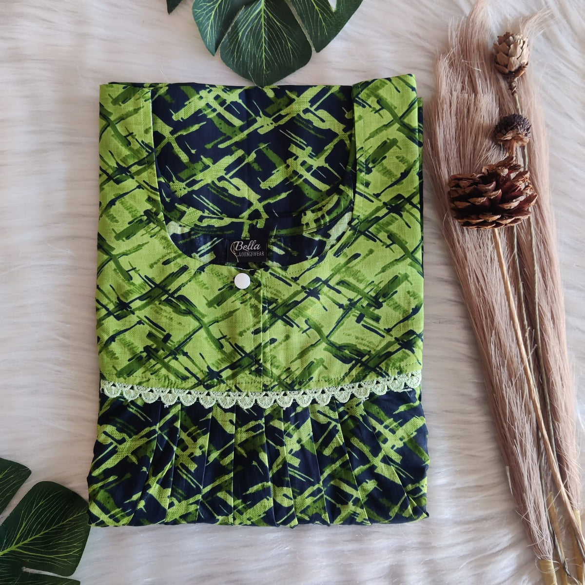 Green And Black Printed Premium Cotton Lace Nighty | Free Size | Chest Width 44″| Length 54″-56″