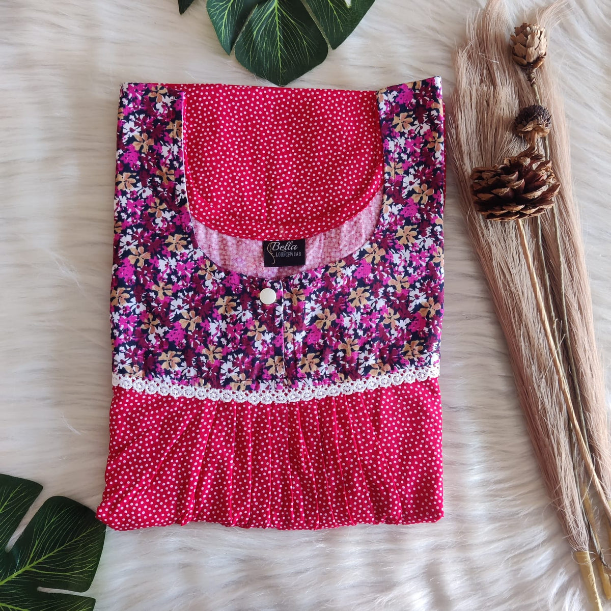 Pink And Red Dot Printed Premium Cotton Lace Nighty | Free Size | Chest Width 44″| Length 54″-56″