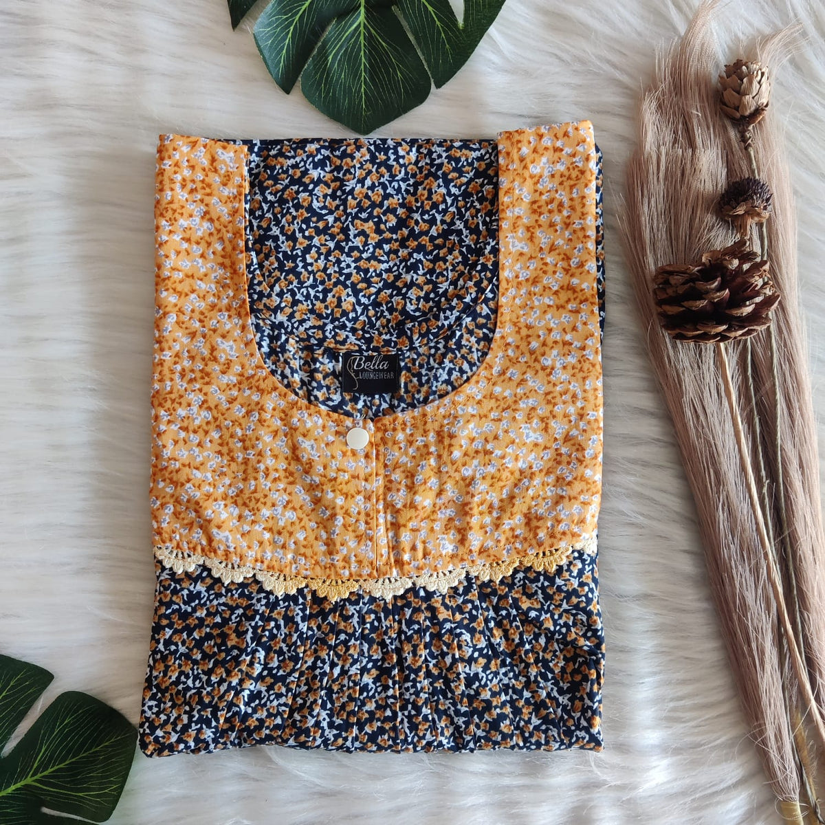 Orange And Black Floral Printed Premium Cotton Lace Nighty | Free Size | Chest Width 44″| Length 54″-56″