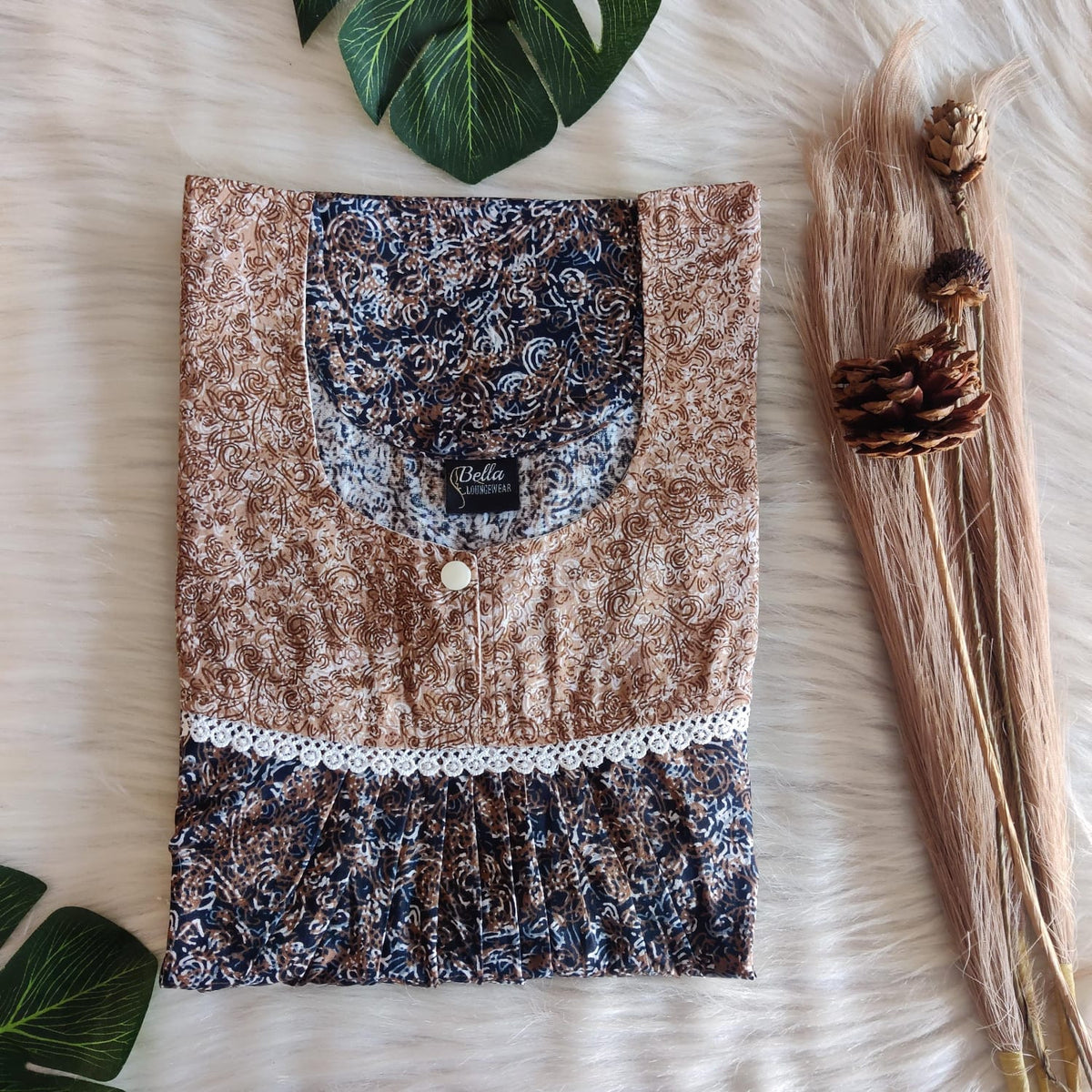 Brown And Navy-Blue Printed Premium Cotton Lace Nighty | Free Size | Chest Width 44″| Length 54″-56″
