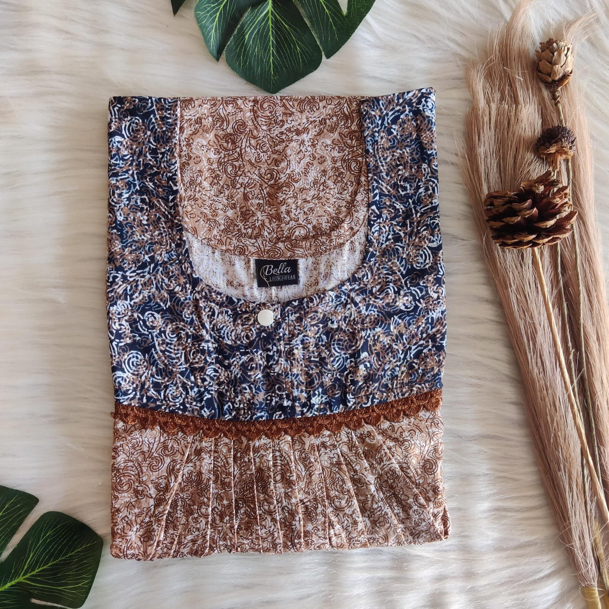 Navy-Blue And Brown Printed Premium Cotton Lace Nighty | Free Size | Chest Width 44″| Length 54″-56″