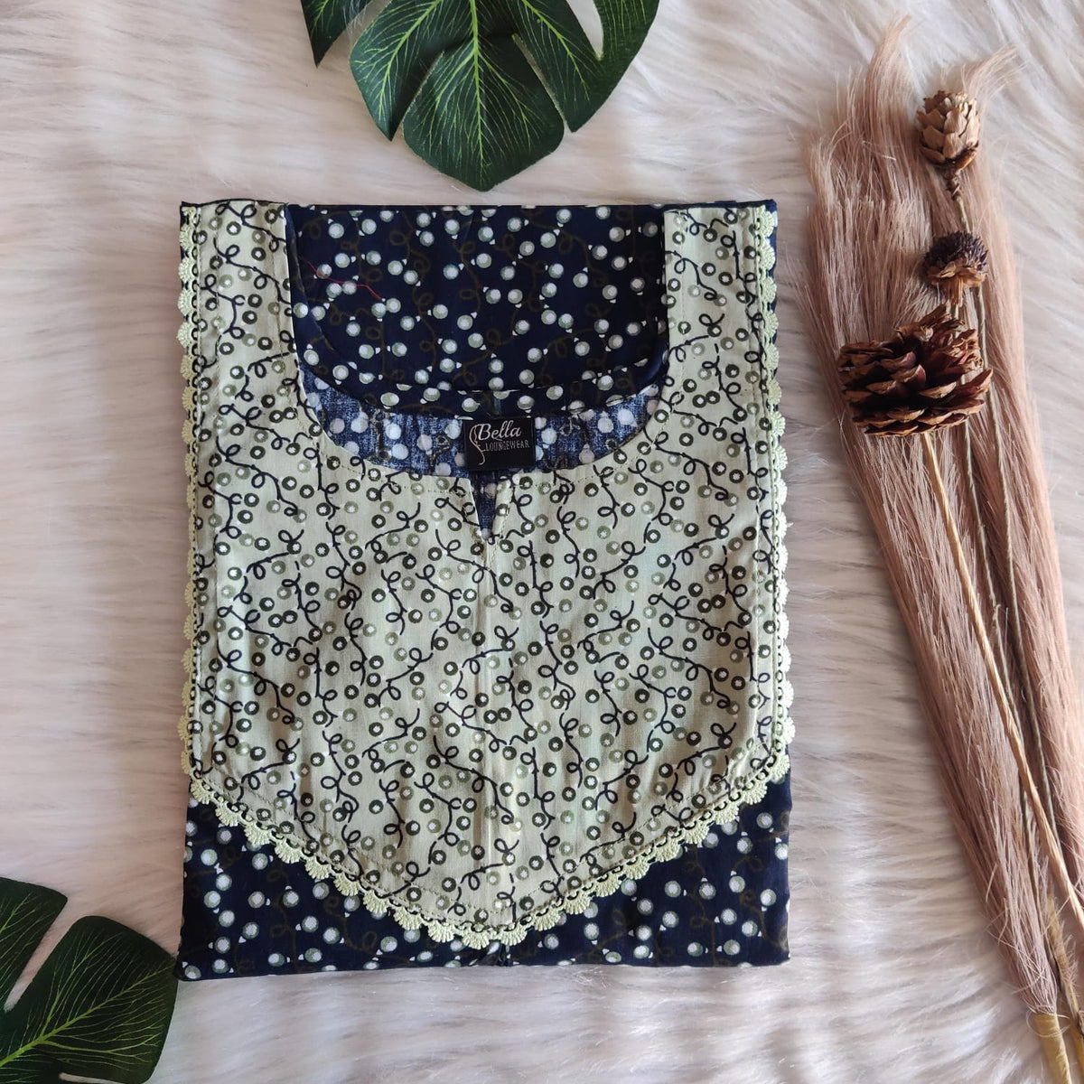 Pale And Dark Green Dot Printed Premium Cotton Mix N Match Lace Pocket Nighty | Free Size | Chest Width 44″| Length 56″