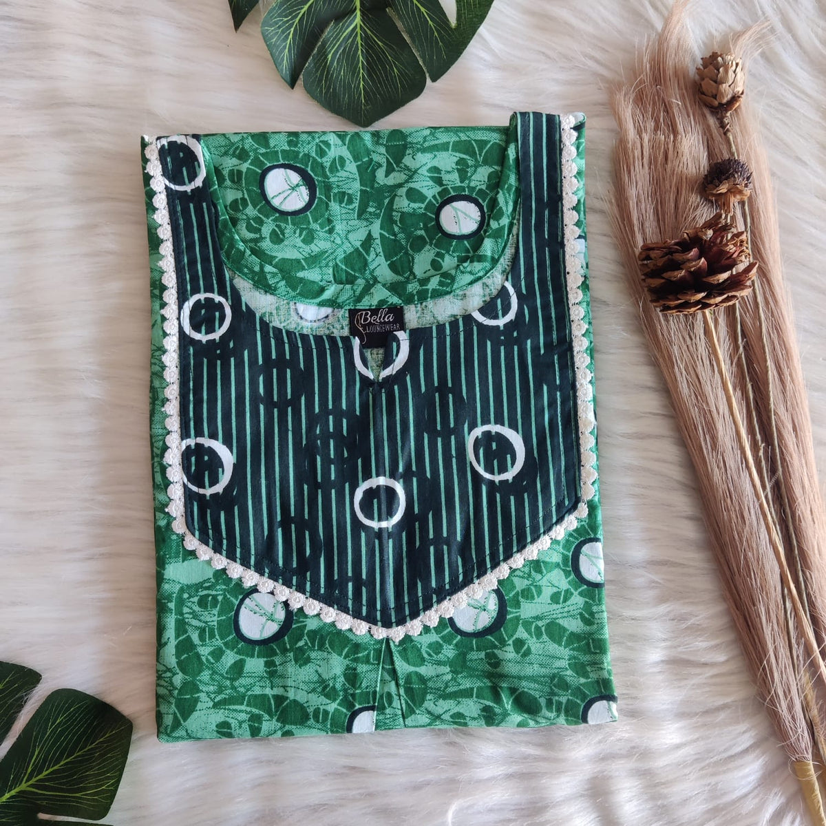 Dark And Pale Green Printed Premium Cotton Mix N Match Lace Pocket Nighty | Free Size | Chest Width 44″| Length 56″