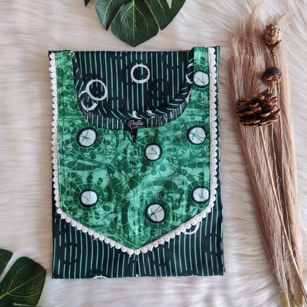 Pale And Dark Green Printed Premium Cotton Mix N Match Lace Pocket Nighty | Free Size | Chest Width 44″| Length 56″