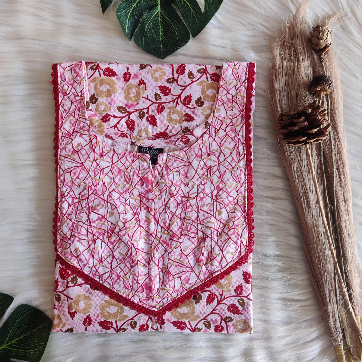 Pink And Maroon Leaf Printed Premium Cotton Mix N Match Lace Pocket Nighty | Free Size | Chest Width 44″| Length 56″